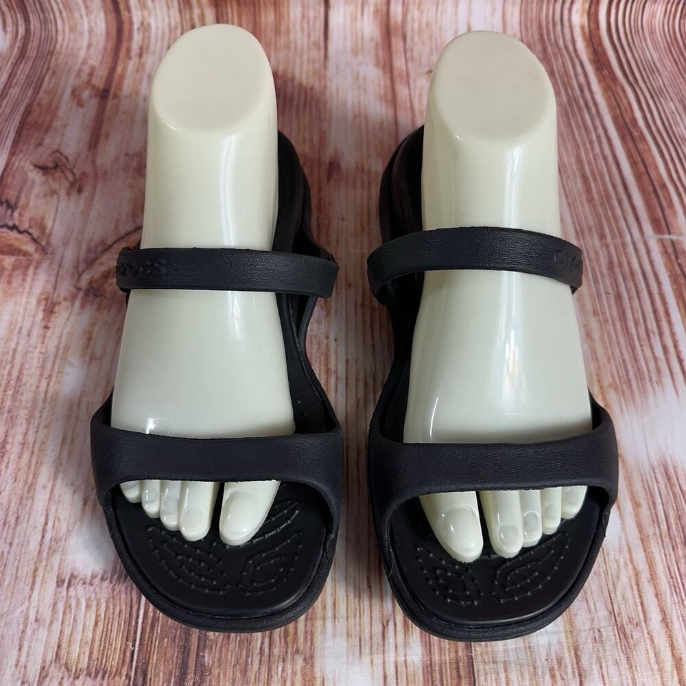 Crocs CLEO Size 9 Black Double Two Strap Sandals Slides Flats Open Toe Shoes - Picture 3 of 11